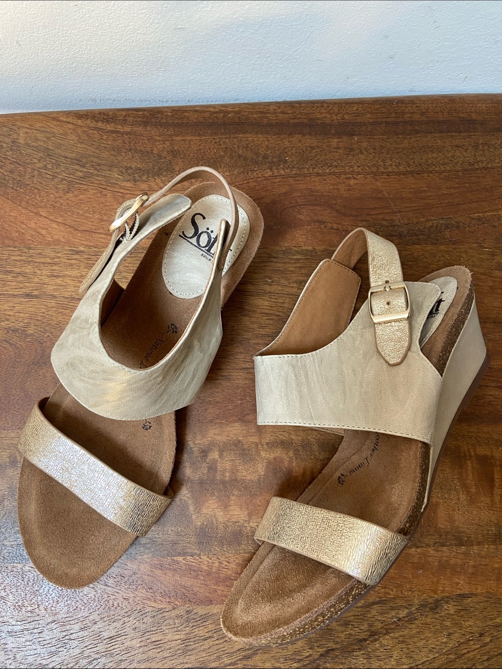 Söfft Vanita Metallic Gold and Beige Slingback Wedge Sandals
